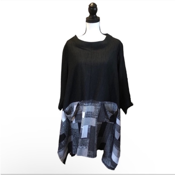 Black & White Patchwork Print Midi Dress Hongdae Korean Oversized Lagenlook OS - Picture 1 of 12